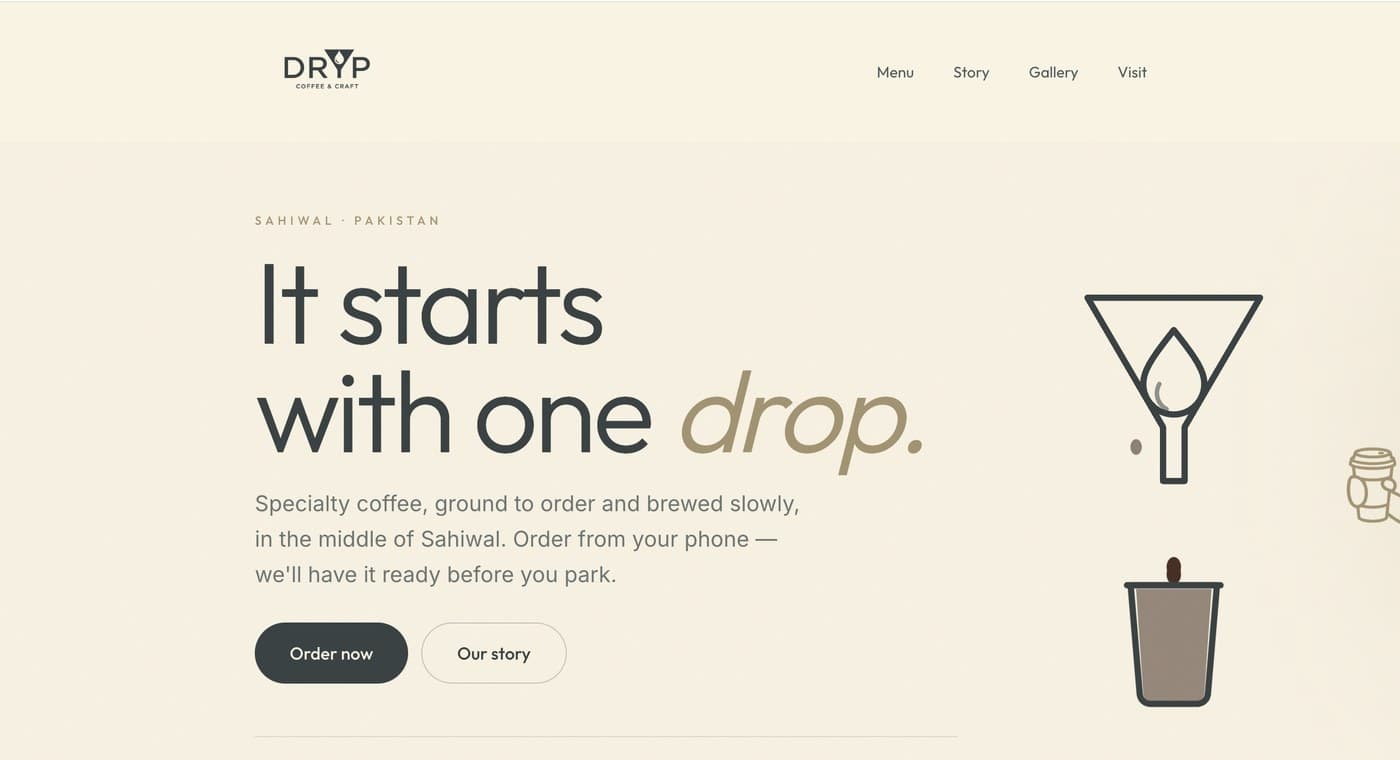 The DRYP Coffee & Craft homepage, with its ordering call to action and a ticker of shop details.