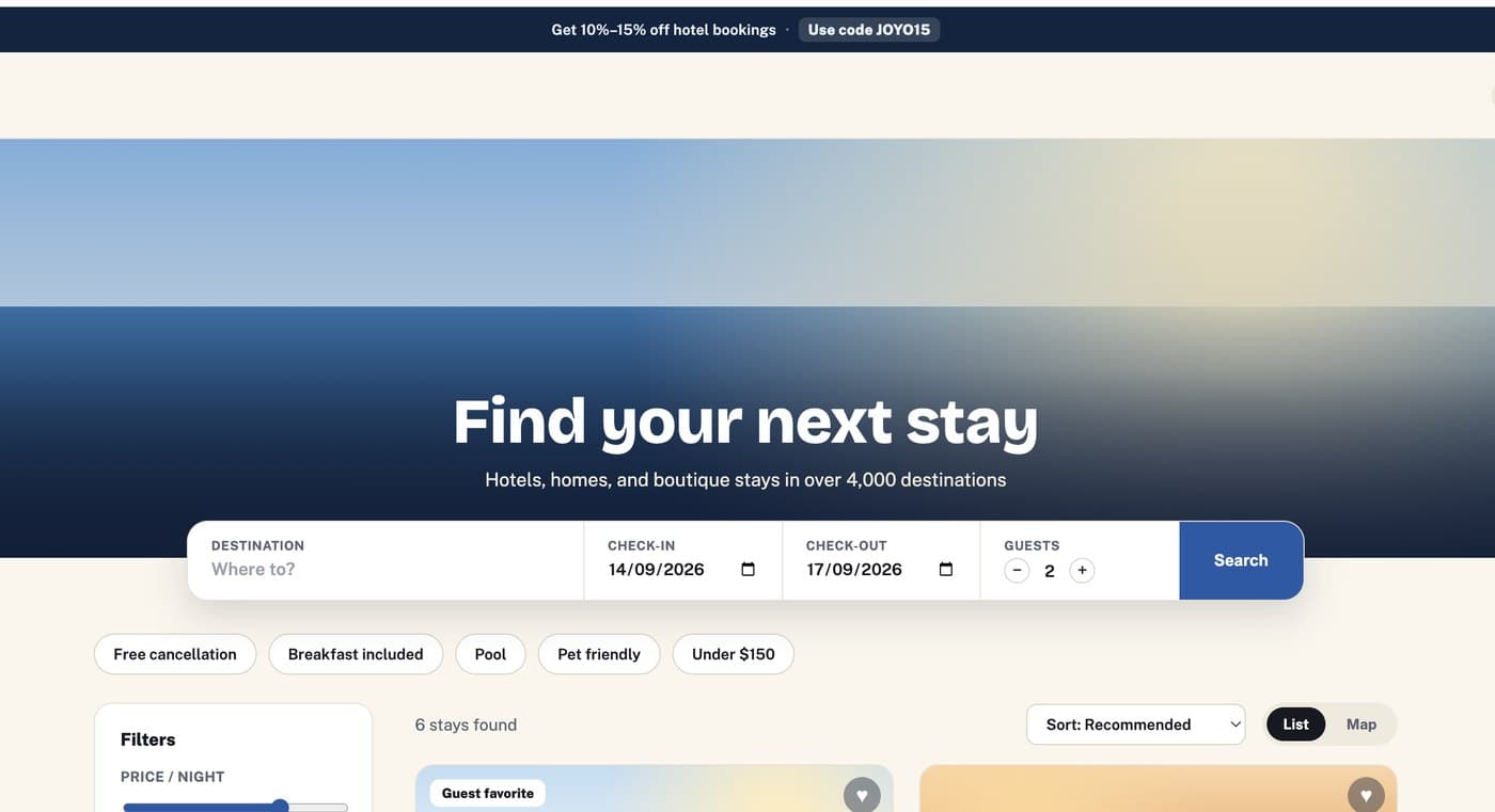 The Joyo booking site showing the stay search bar over a hero image, with filters and hotel result cards below.