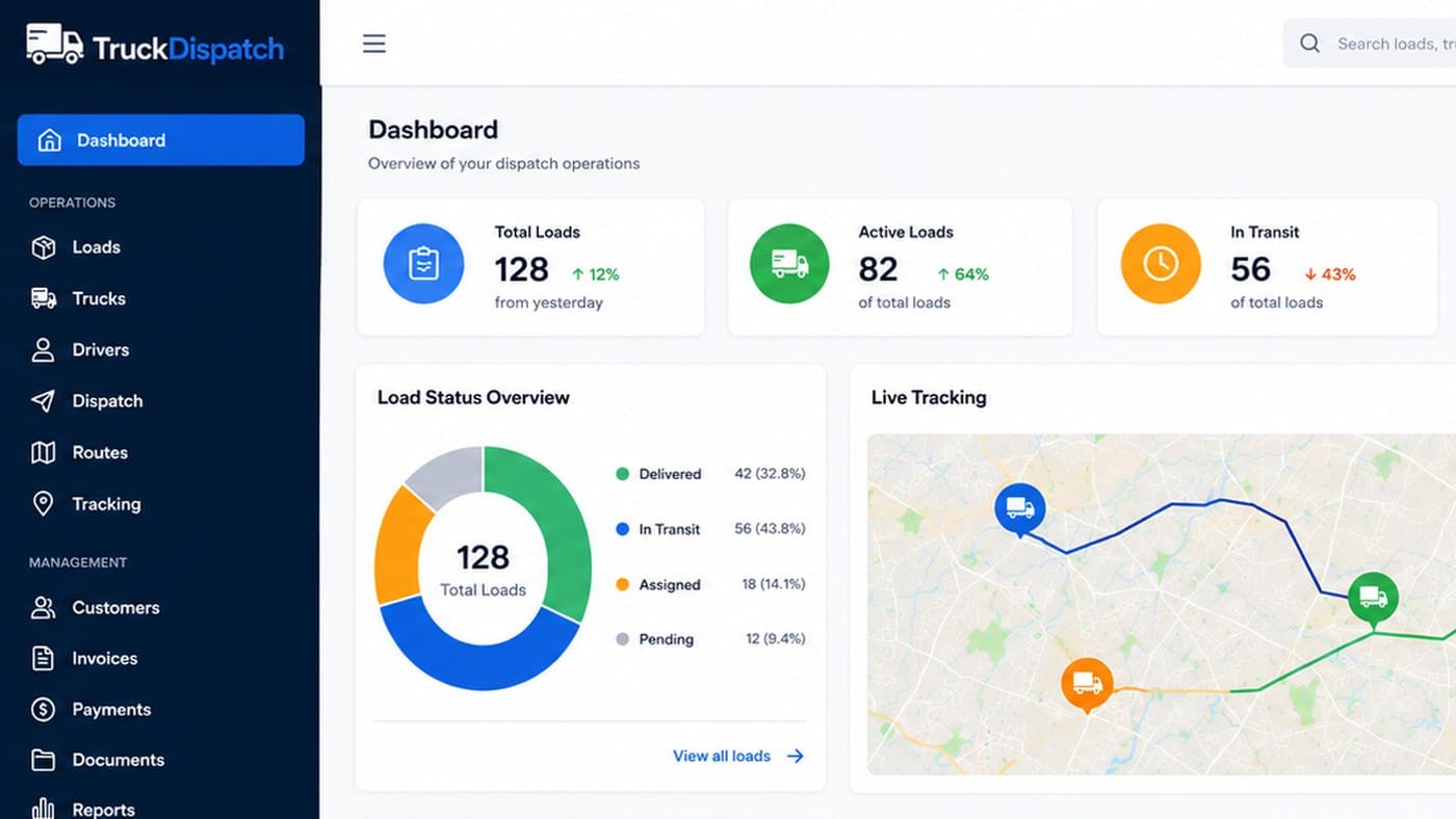 The TruckDispatch dashboard showing load and fleet counters, a live tracking map and recent operational alerts.