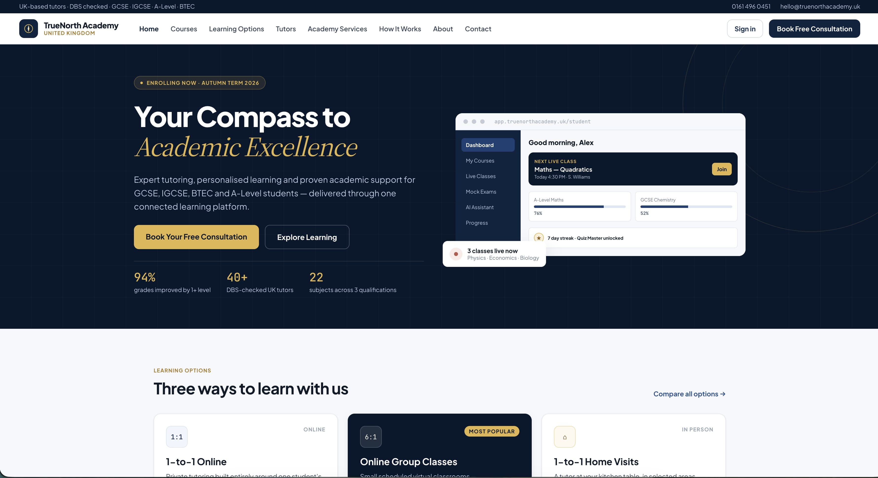 The TrueNorth Academy homepage beside the student dashboard, showing the next live class, per-subject progress and live class activity.